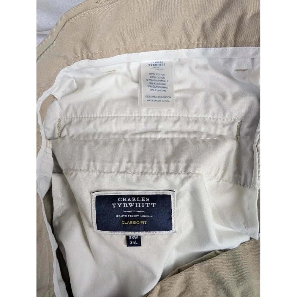 Charles Tyrwhitt Classic Fit Chinos Pants Men's 38W 34L Tan Khaki Cotton